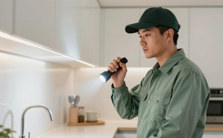 A professional pest control technician in a modern North American / US home, inspecting a bright kitchen area with a flashlight, wearing a clean uniform in muted sage green, professional soft lighting, clean off-white background.