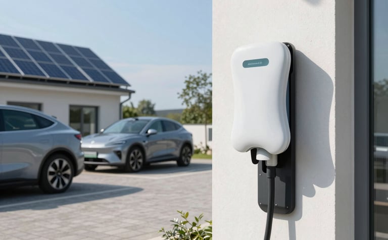 A modern electric vehicle charging at a wallbox in a paved German driveway, a small solar array visible on the balcony in the background, bright midday sun, clean and efficient atmosphere, soft light blue sky.