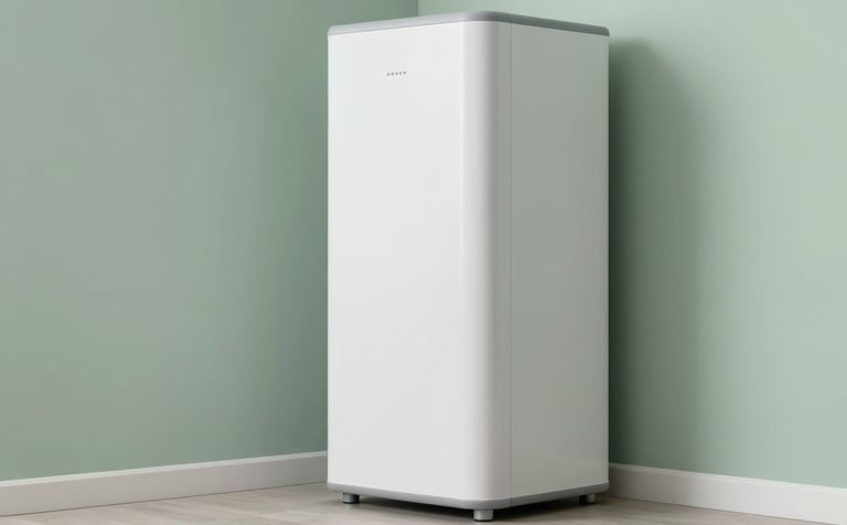 Interior shot of a minimalist utility room in a German home, a large sleek vertical battery storage unit in white and light grey, soft diffused lighting, light green accents.