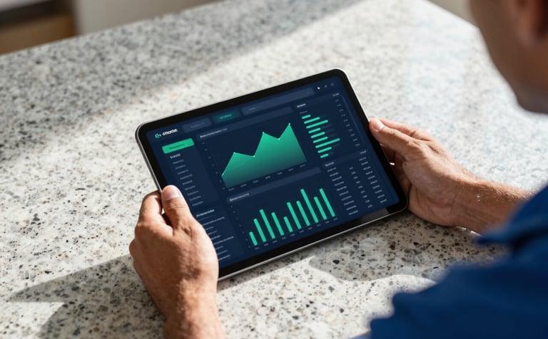 A lifestyle photograph of a professional roofing contractor's hands holding a slim tablet on a clean granite desk. The screen shows a modern data dashboard with emerald green charts and deep navy blue text. Natural sunlight spills across the desk.