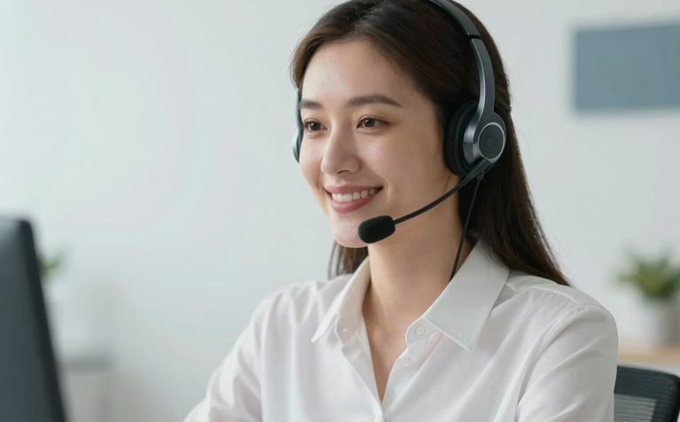 A close-up photograph of a professional woman in a crisp white shirt wearing a sleek communication headset. She is smiling confidently. The background is a bright, minimalist office with soft cloud white walls and subtle slate blue decorative accents.