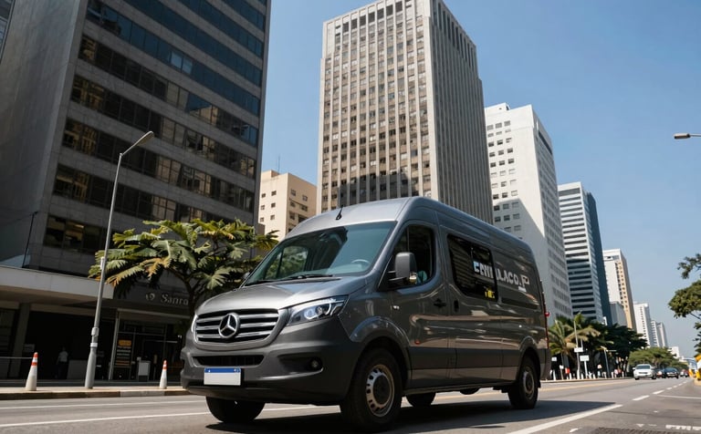 A low-angle photography of a sleek, dark-colored professional delivery van driving through a modern Brazilian business district like Avenida Paulista, with tall office buildings and clear blue sky.