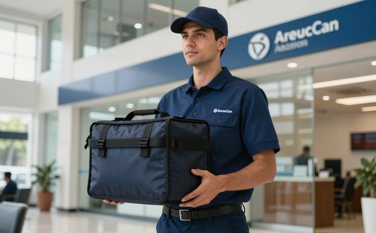 A professional courier in a clean navy blue uniform holding a secure, locked transport pouch, standing in a bright, modern South American bank lobby with glass architectural details and professional lighting.