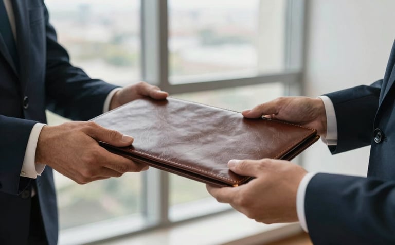 A close-up shot of professional hands in a Brazilian law firm exchanging a high-quality leather document folder, soft natural light coming from a large window, emphasizing precision and trust.