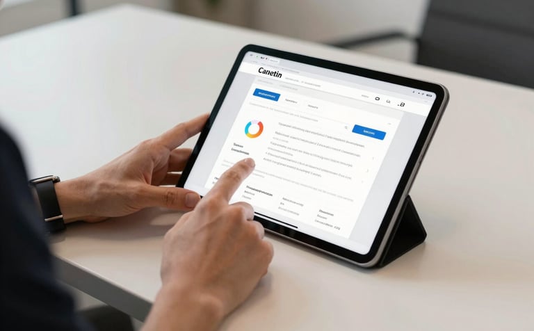 Close-up of a person's hands in a modern, clean office setting in a Spanish / Latin American city, using a tablet to monitor website performance. Minimalist environment with off-white and charcoal accents.