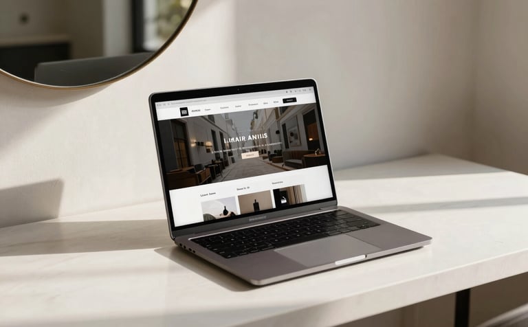 A high-end, minimalist workspace in a Spanish / Latin American boutique hotel with a sleek laptop displaying a modern website design. Natural sunlight illuminates the scene, highlighting clean lines and a professional atmosphere in off-white and charcoal tones.