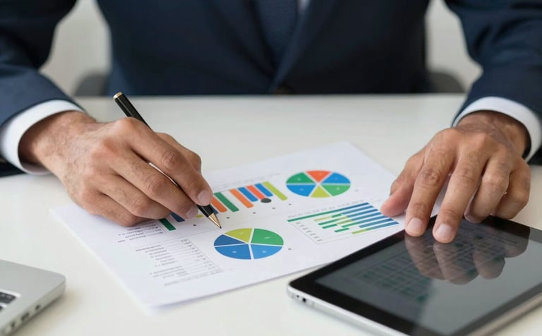 Close-up of hands working on a strategic marketing plan with colorful charts and a digital tablet on a clean white desk. Professional Brazilian corporate setting, bright lighting, colors including green and dark blue.