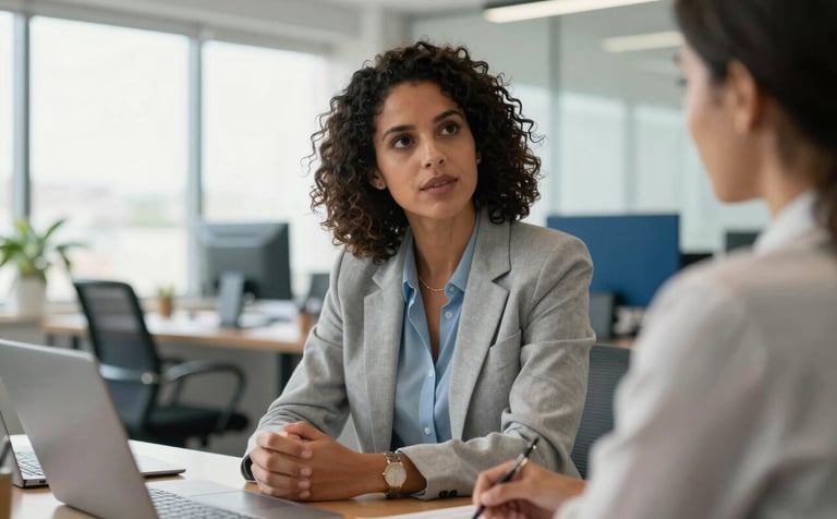 A professional South American businesswoman in a light gray blazer having a focused consultation with a client in a modern, sunlit office in Brazil. Natural lighting, professional and reliable atmosphere, with blue office accents.