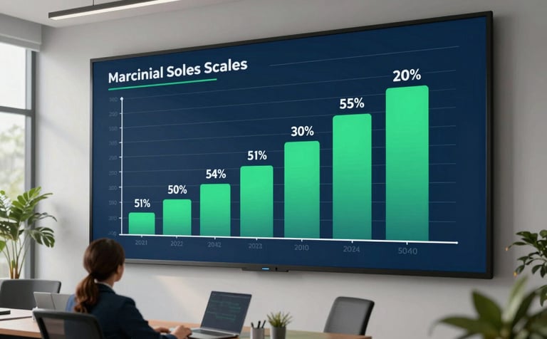 A dynamic shot of a modern workplace in a South American business hub, showing a large screen with positive sales growth data. Clean, professional composition with dark blue and emerald green tones.