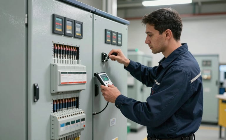A professional electrician inspecting a large electrical control panel in a North American / US commercial building. The environment is clean and industrial with slate gray and dark navy blue accents. Sharp lighting emphasizes reliability and technical expertise.
