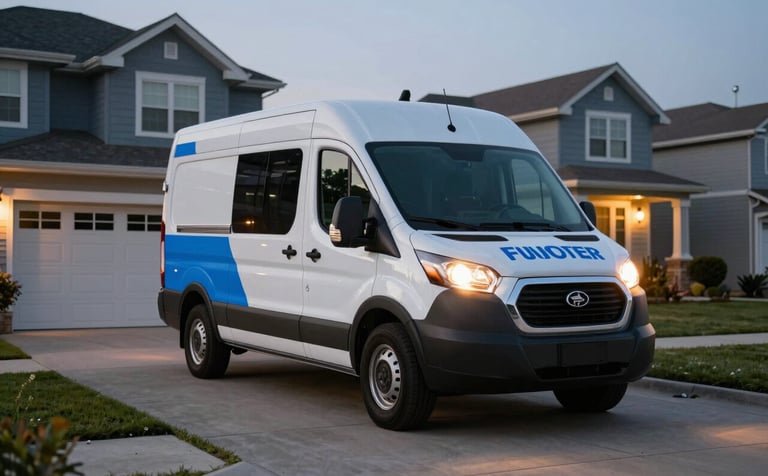 A professional service van with sky blue accents arriving at a North American / US suburban property at dusk. The scene conveys trust and rapid response, with the van's headlights casting a warm glow on a clean driveway.