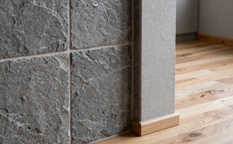 Close-up photography of exquisite interior finishing in a Northern European / Finnish home. Elegant grey stone tiling meets polished light wood flooring. The lighting is soft and luxurious, highlighting the textures and precise craftsmanship.