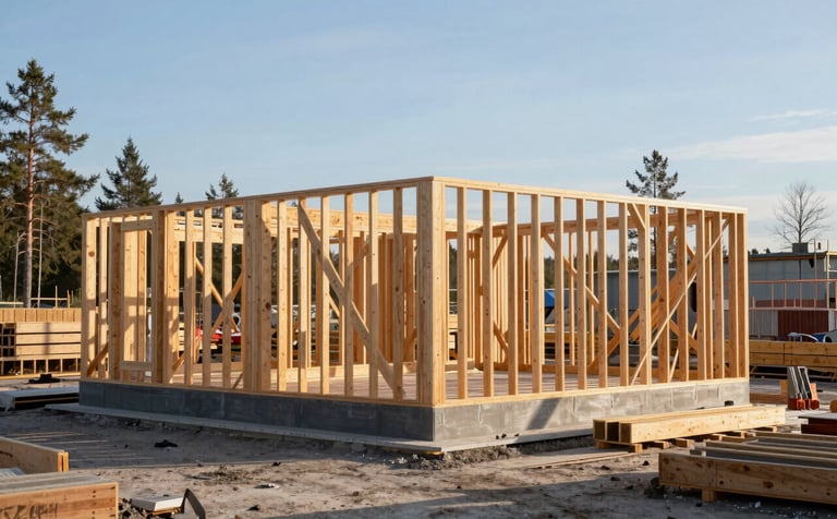 Action photography of a professional construction site in a Northern European / Finnish landscape. Focus on the sturdy wooden frame of a house being built. The lighting is crisp morning sun. The site is orderly, reflecting reliability and safety.