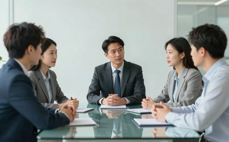 A professional team of consultants in corporate attire engaged in a strategic discussion around a minimalist glass table. The lighting is bright and supportive. Subtle touches of #336B87 and #A1B2BC appear in the modern interior design elements. The mood is collaborative, professional, and instills confidence.