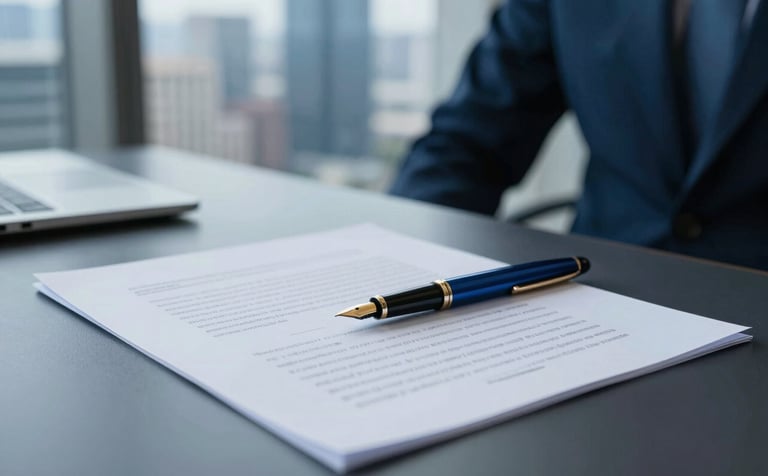 A close-up of a professional desk in a high-end office with soft natural lighting. A fountain pen lies on a crisp legal document ready for signing. In the background, a blurry view of a modern city skyline. The color palette features deep navy blues #1A202C and steel blues #336B87, evoking an atmosphere of trust and authoritative expertise.