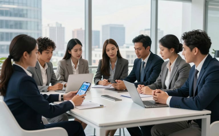 A diverse North American business team having a productive meeting in a high-rise office with panoramic city views. They are reviewing a mobile product on a phone. Crisp white furniture and a sleek, professional atmosphere dominate the scene.