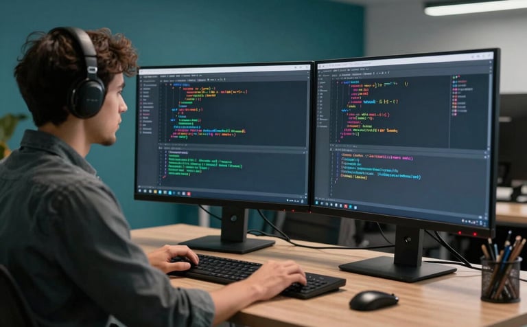 A professional software developer working in a modern North American office with deep teal interior elements. Two large computer monitors display complex source code. The environment is clean and professional, emphasizing high-performance technology.