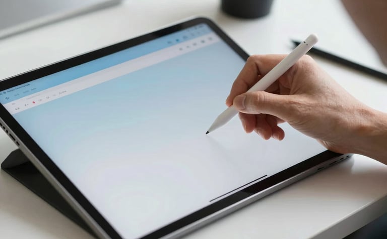 A close-up of a designer's hand using a digital stylus on a tablet screen in a bright North American office. The tablet shows a sleek mobile app interface with soft sky blue accents. The lighting is professional and airy, reflecting a modern workspace.