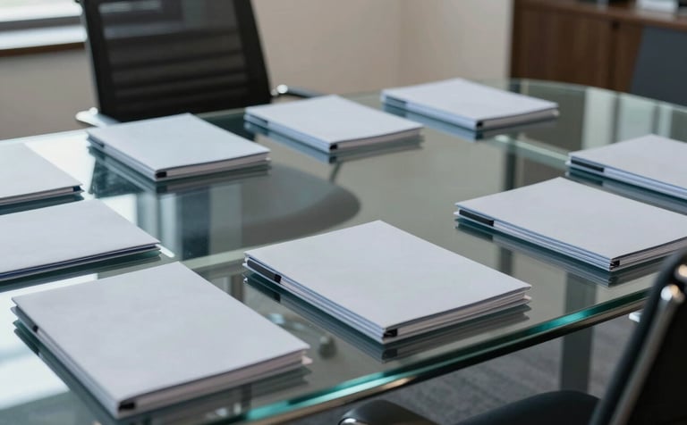 A high-end Global / Corporate boardroom featuring a glass table and ergonomic chairs. On the table are neatly organized pale blue-grey folders. The environment suggests authority and precision in regulatory compliance.