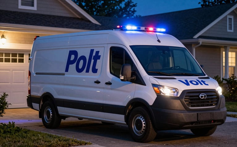 A professional Pro Volt electrical service van parked outside a North American / US residence at night during an emergency call. The scene is illuminated by crisp street lights and soft blue reflections on the vehicle, conveying trust and 24/7 availability.
