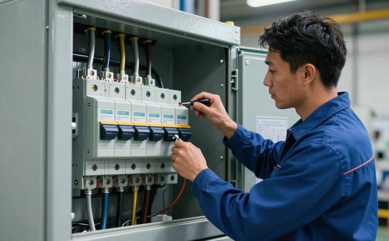 An expert electrician working on a large commercial circuit breaker panel in a modern North American / US industrial setting. The image uses steel blue and midnight blue tones, with professional lighting highlighting technical precision and quality service.