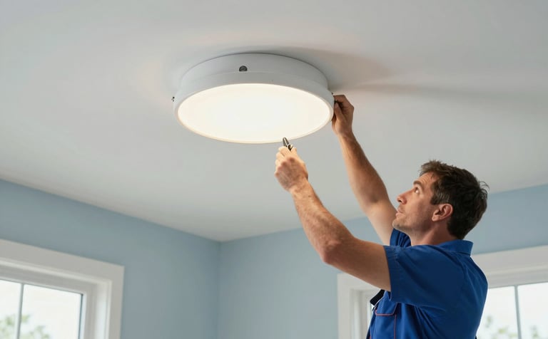 A professional electrical contractor installing a modern ceiling light fixture in a bright North American / US home. The composition is clean and focused on the hands and tools, with soft blue and pale mist tones in the interior decor, reflecting efficiency and reliability.