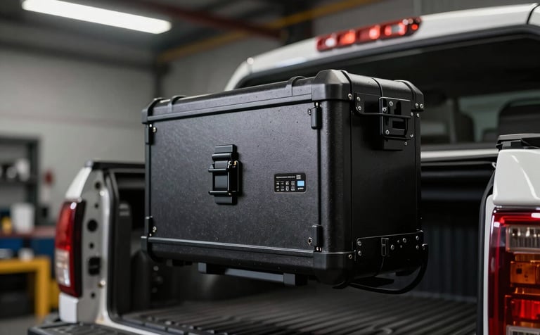 Close-up of a premium black anti-theft box with electronic components visible, mounted on a high-end truck bed. Set in a professional industrial workshop in Argentina. Sharp focus on the metallic texture, dramatic overhead lighting, colors dominated by dark slate and silver.