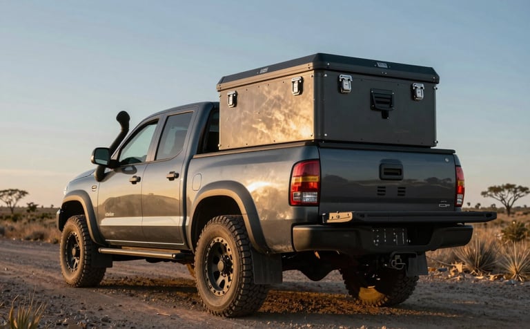 A heavy-duty pickup truck on a gravel road in the Argentine countryside. In the bed, a rugged metallic grey anti-theft box is shown with high-quality industrial finishes. Golden hour lighting, low-angle shot to convey security and resilience, featuring dark slate and muted blue tones.