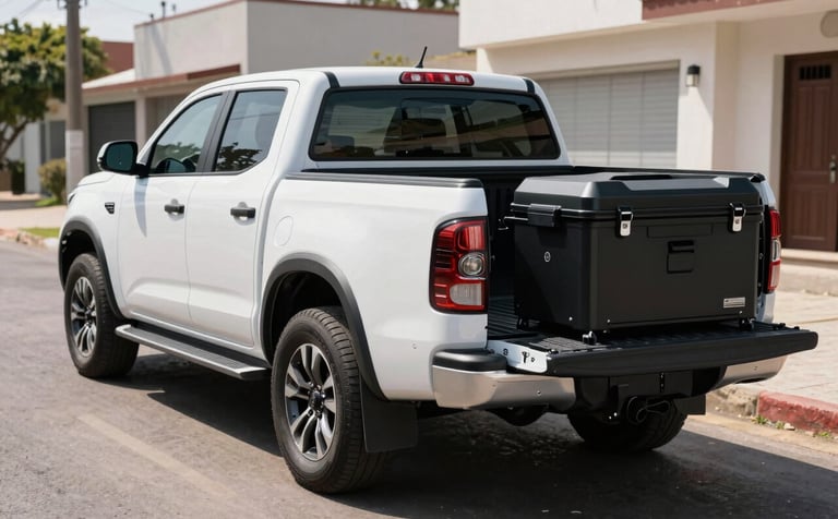 A modern white pickup truck parked in a clean paved street in a South American / Argentine neighborhood. A sleek black anti-theft storage box is installed in the bed. High-resolution photography, bright daylight, emphasizing clean lines and the modern slate blue and dark grey tones of the product.