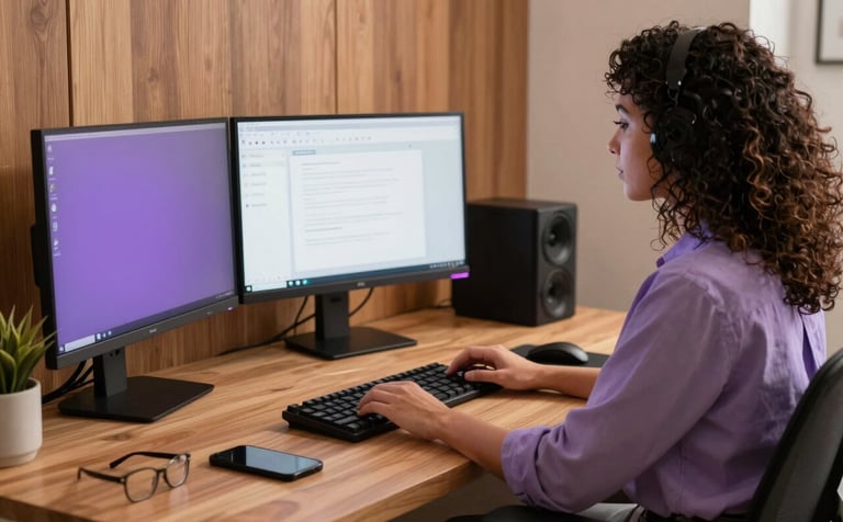 A stylish Brazilian creative working in a modern home office with warm wooden textures and soft purple accents, sophisticated desk setup with dual monitors, professional and innovative vibe.