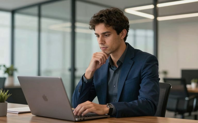 A professional Brazilian person in a modern office with glass walls, looking thoughtfully at a laptop screen, wearing a sophisticated dark blue blazer, warm natural lighting, relaxed but professional business setting.