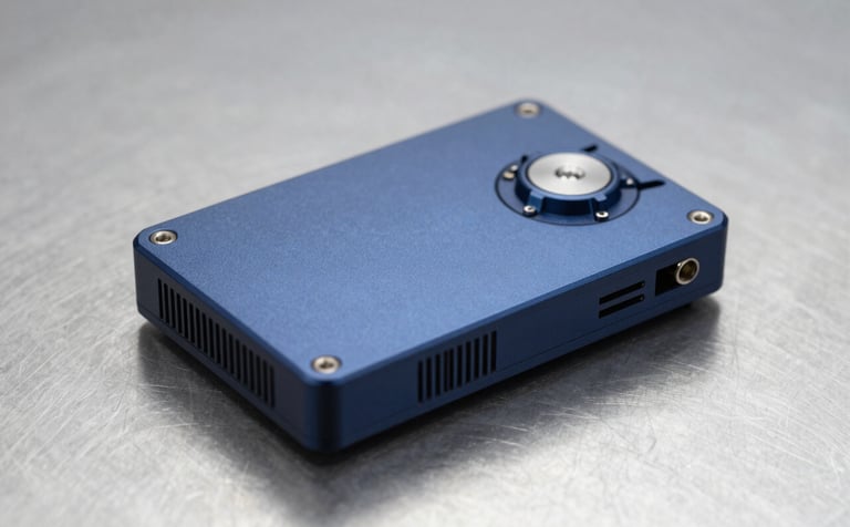 A sophisticated, custom-engineered electronic device prototype resting on a clean metallic surface. The device features high-quality finishes in dark blue tones (#0D1B2A) and precision-machined parts. The lighting is sharp and technical, emphasizing the device's advanced technological detail and professional craftsmanship.