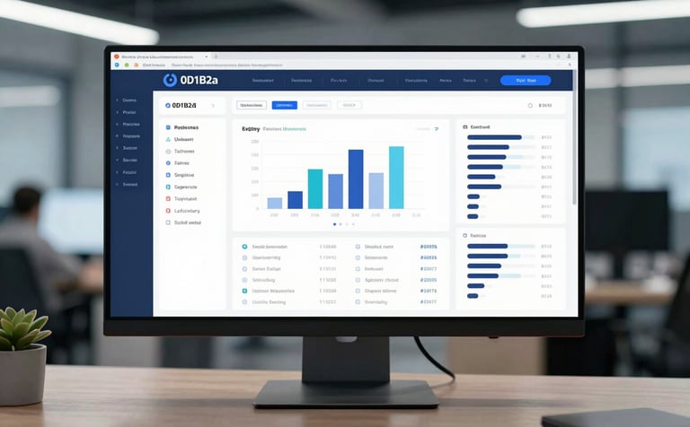 A professional software management dashboard displayed on a modern workstation monitor. The UI is clean and efficient, showcasing analytical data and system control metrics in brand colors #0D1B2A and #415A77. The background is a blurred, high-tech engineering office, conveying a forward-thinking atmosphere.
