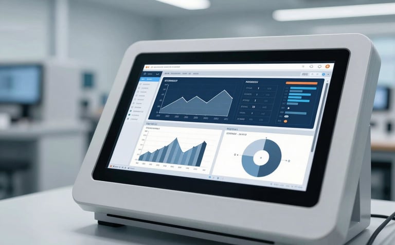 A high-precision industrial control interface on a sleek touch panel. The screen displays complex real-time automation data with minimalist charts in #415A77 and #778DA9. The setting is a clean, modern facility with professional lighting. The style is sophisticated and innovative, reflecting cutting-edge engineering reliability.