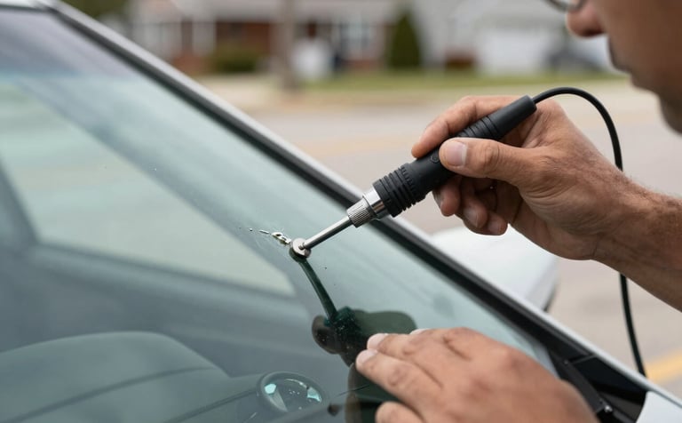 A close-up photograph in a North American setting showing a professional technician's hands using a precision resin tool to repair a small stone chip on a vehicle's windshield. The lighting is bright and clear, highlighting the detail of the glass and the metallic tool, with a soft-focus background of a suburban street.