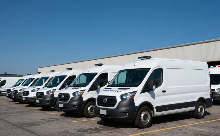 A wide-angle professional photograph showing a fleet of white service vans parked at a North American industrial park. An Iron Gate Windshield mobile unit is visible in the foreground, parked alongside them, signifying reliable B2B service. The sky is a deep, clear blue and the scene feels efficient and organized.