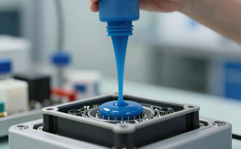 A professional image showing an industrial potting process. A blue silicone compound is being poured into a power module casing. The background is a clean manufacturing environment. Lighting is soft yet clear, with a color scheme emphasizing #2F4F6F and #6A8CA9 for a technically advanced and trustworthy feel.