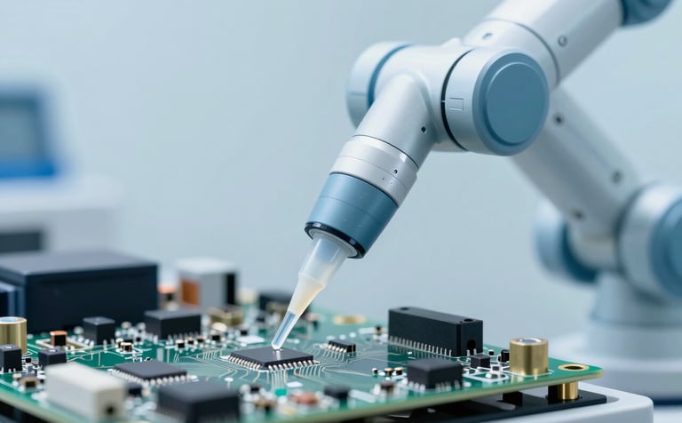 A close-up, high-tech macro photograph of a precision robotic arm dispensing a clear electronic adhesive onto a high-density circuit board. The lighting is bright and clinical, emphasizing technical sophistication. The color palette features #F0F4F8 and subtle highlights of #2F4F6F. The style is modern, professional, and sharp.