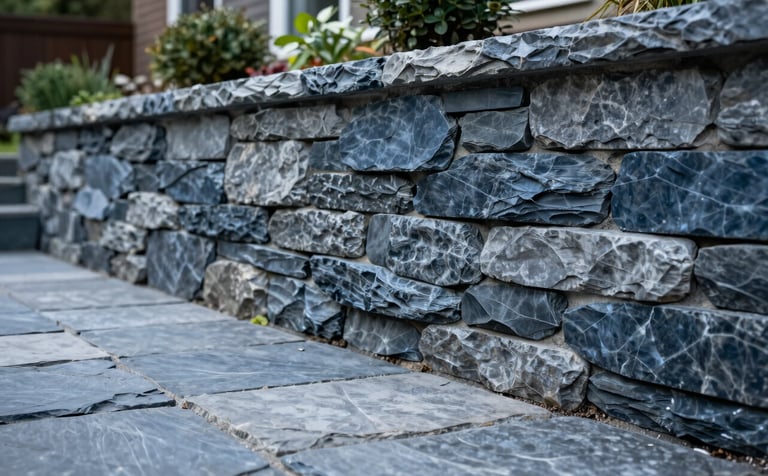 A low-angle perspective of a custom-built retaining wall and flagstone path in a North American / US residential garden. The stone work is dark slate blue and medium gray, appearing extremely durable and expertly laid.