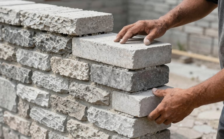 A close-up of a stone wall being constructed with brick and block in a North American / US landscape. The artisan's hands are visible, showing professional craftsmanship. Colors are light silver gray and soft off-white.