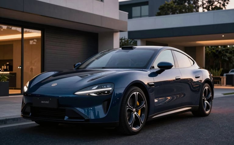 Photography of a premium electric car parked in a modern urban Sydney driveway, evening twilight lighting, deep navy reflections on the vehicle's metallic surfaces, professional and high-end automotive style.