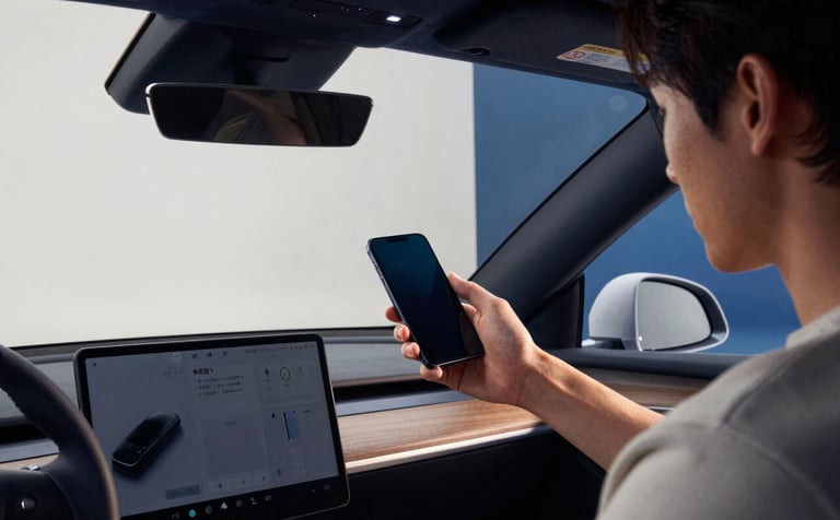 Photography of a person reviewing a high-tech car interior while holding a mobile phone, set in a bright and modern studio in Sydney, professional studio lighting with navy blue and muted blue accents in the background.
