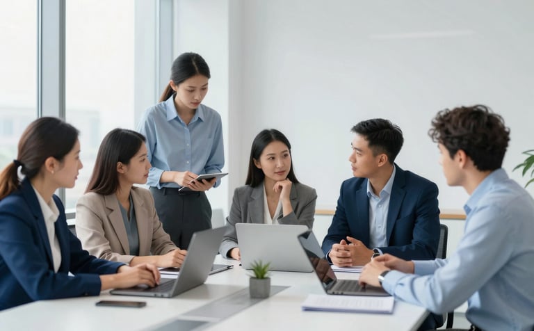 A group of diverse professionals collaborating in a clean, modern corporate office with large windows. The style is approachable and professional, with a color palette of #0A2C42 and #DFE6EB.