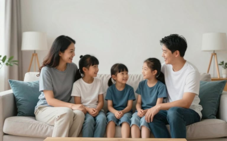 A modern family sitting together in a bright, sunlit living room with minimalist decor. The mood is calm and secure. Accents of #0A2C42 and #6C9DD1 in the soft furnishings, professional photography style.