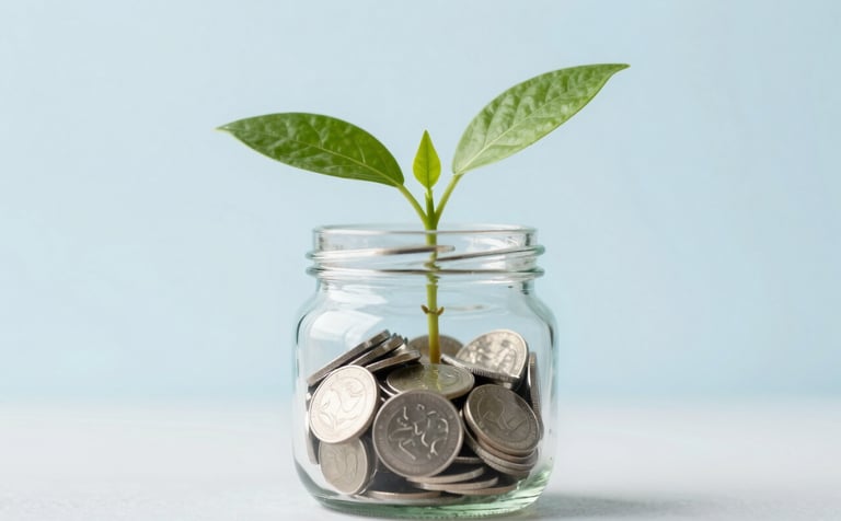 A close-up shot of a small green plant growing out of a sleek glass jar filled with coins, symbolizing financial growth and PPR savings. Clean background, soft lighting, incorporating #6C9DD1 tones.