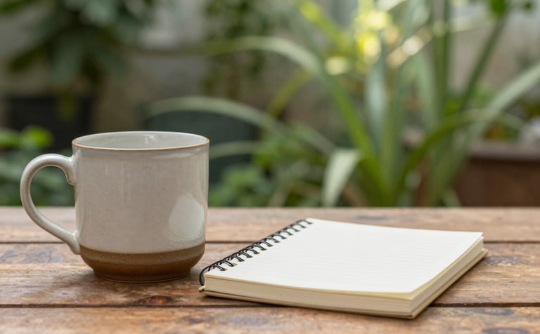 A close-up of a wooden table holding a ceramic mug and a simple notebook in a soft-lit North American garden setting. The background is a soft-focus blur of lush green foliage and muted sunlight, representing the clarity and grounding that comes from personalized guidance.