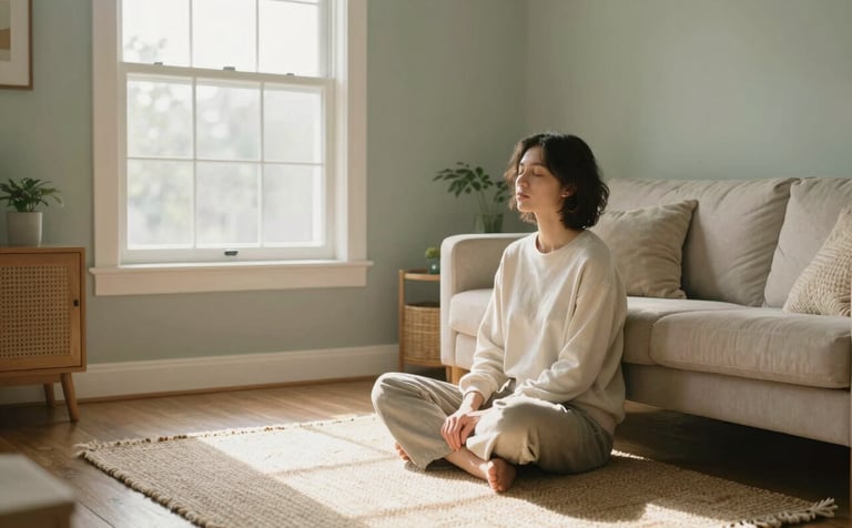 A serene North American interior with soft morning light streaming through a window. A person sits comfortably on a woven rug in a quiet living room, eyes closed in a moment of peace. The room is decorated in soft sage and cream tones with natural wood textures, creating a grounded and empathetic atmosphere.
