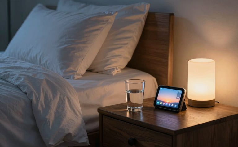 A tranquil North American bedroom scene at twilight. Soft, warm lamp light glows beside a bed with clean, linen sheets. On a dark slate wooden nightstand sits a simple water glass and a device showing a calming interface, suggesting a transition into restful sleep in a peaceful, trust-filled space.