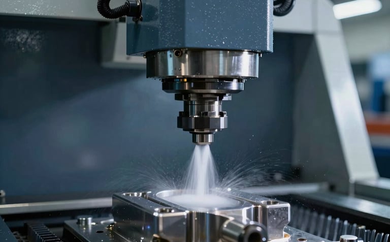 Close-up of a high-precision CNC milling machine in a modern factory setting. Coolant fluid sprays onto a metal component. The scene is illuminated with professional industrial lighting featuring slate blue and deep charcoal blue tones, reflecting precision and reliability.