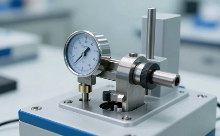 A close-up of a precision calibration tool measuring a mechanical gauge. The scene is shot in a bright industrial lab with pale mist grey surfaces and clean, soft steel blue accents, representing technical expertise.